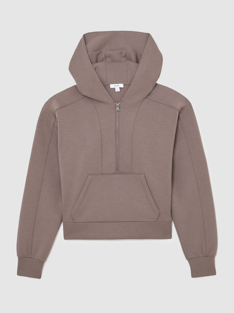 Reiss Taupe Brown Lockie Premium Interlock Half-Zip Hoodie - Image 2 of 8 Reiss Taupe Brown Lockie Premium Interlock Half-Zip Hoodie - Image 2 of 8