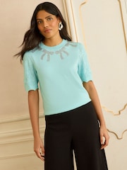 Love & Roses Mint Green Embelished Neck Knitted Top - Image 2 of 4