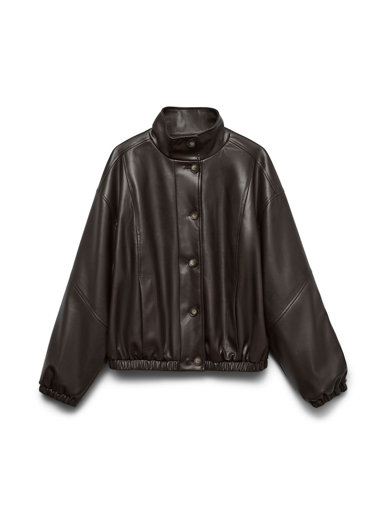 VERO MODA Brown Chocolate Faux Leather Funnel Neck Bomber Jacket - Image 1 of 1