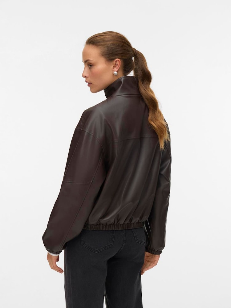 VERO MODA Brown Chocolate Faux Leather Funnel Neck Bomber Jacket - Image 2 of 5 VERO MODA Brown Chocolate Faux Leather Funnel Neck Bomber Jacket - Image 2 of 5