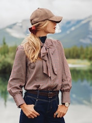 Joules Tabby Cream Tattersall Check Tie Neck Blouse - Image 1 of 9