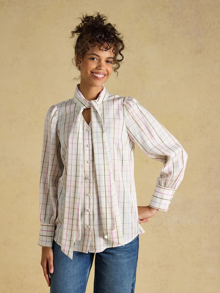 Joules Tabby Cream Tattersall Check Tie Neck Blouse - Image 2 of 9 Joules Tabby Cream Tattersall Check Tie Neck Blouse - Image 2 of 9