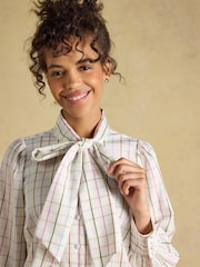 Joules Tabby Cream Tattersall Check Tie Neck Blouse - Image 4 of 9