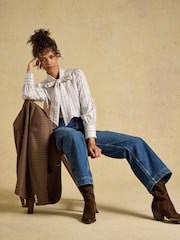 Joules Tabby Cream Tattersall Check Tie Neck Blouse - Image 5 of 9