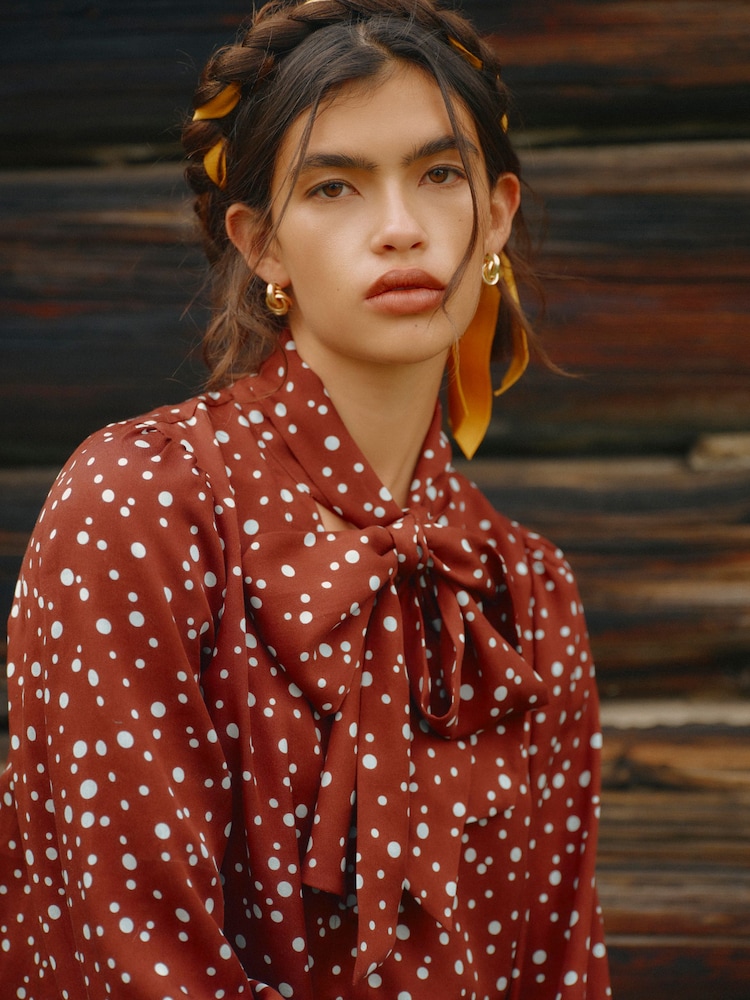 Joules Tabby Blue/Brown Spot Tie Neck Blouse - Image 1 of 10 Joules Tabby Blue/Brown Spot Tie Neck Blouse - Image 1 of 10