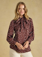 Joules Tabby Blue/Brown Spot Tie Neck Blouse - Image 3 of 10