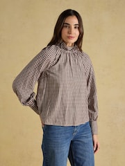 Joules Amber Brown Gingham Tie Blouse - Image 1 of 9