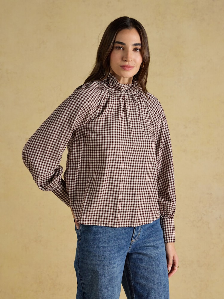 Joules Amber Brown Gingham Tie Blouse - Image 1 of 9 Joules Amber Brown Gingham Tie Blouse - Image 1 of 9