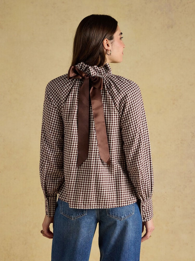 Joules Amber Brown Gingham Tie Blouse - Image 2 of 9 Joules Amber Brown Gingham Tie Blouse - Image 2 of 9