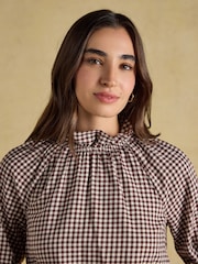 Joules Amber Brown Gingham Tie Blouse - Image 3 of 9