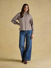 Joules Amber Brown Gingham Tie Blouse - Image 4 of 9