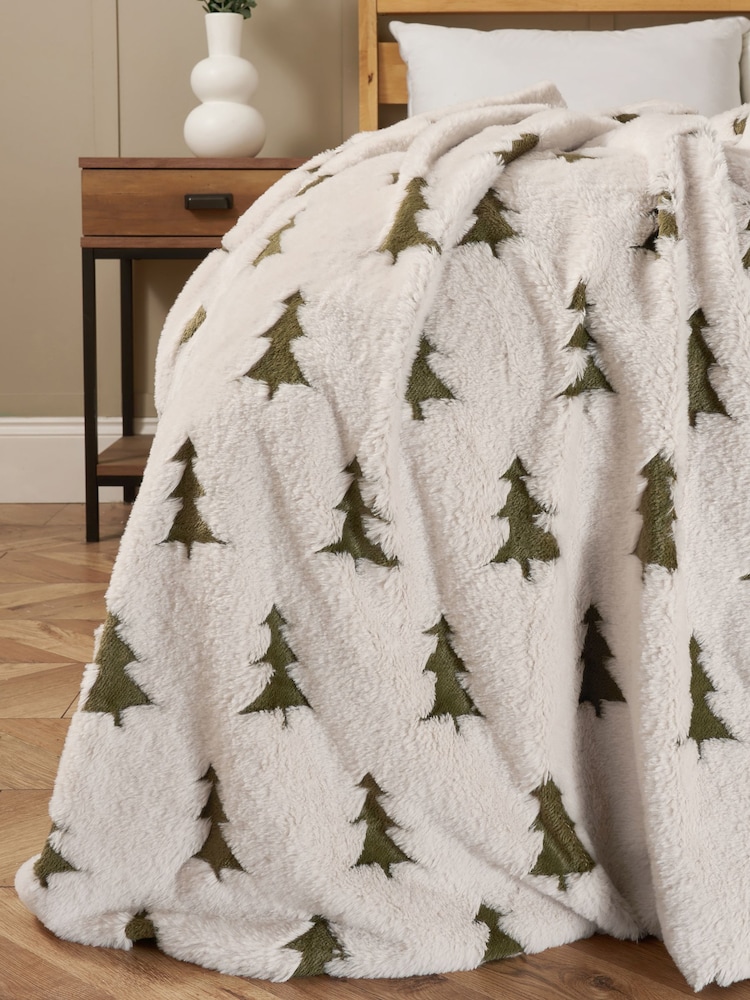 BHS Cream or Green Christmas Trees Faux Fur Throw - Image 1 of 4