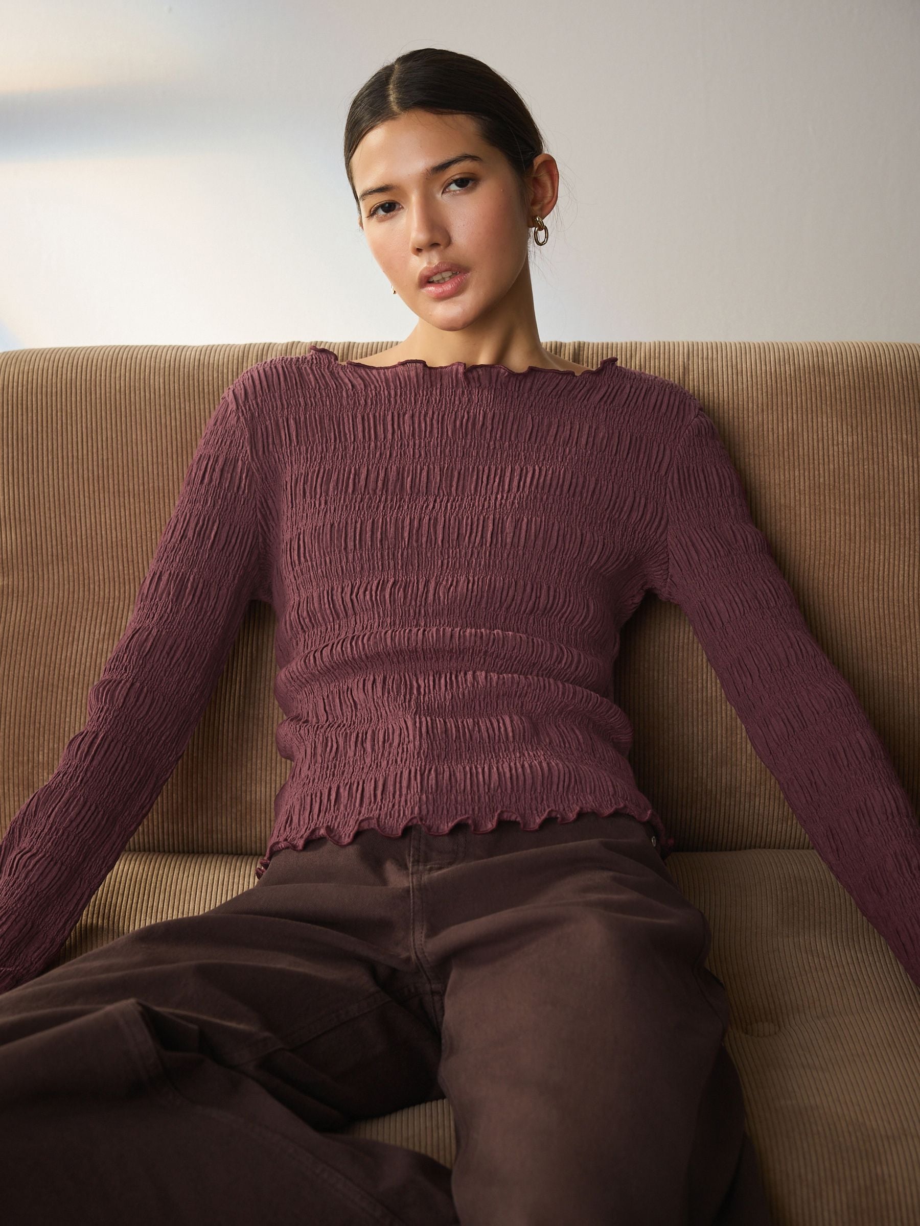 Buy Burgundy Red Shirred Texture Long Sleeve Top from the Next UK