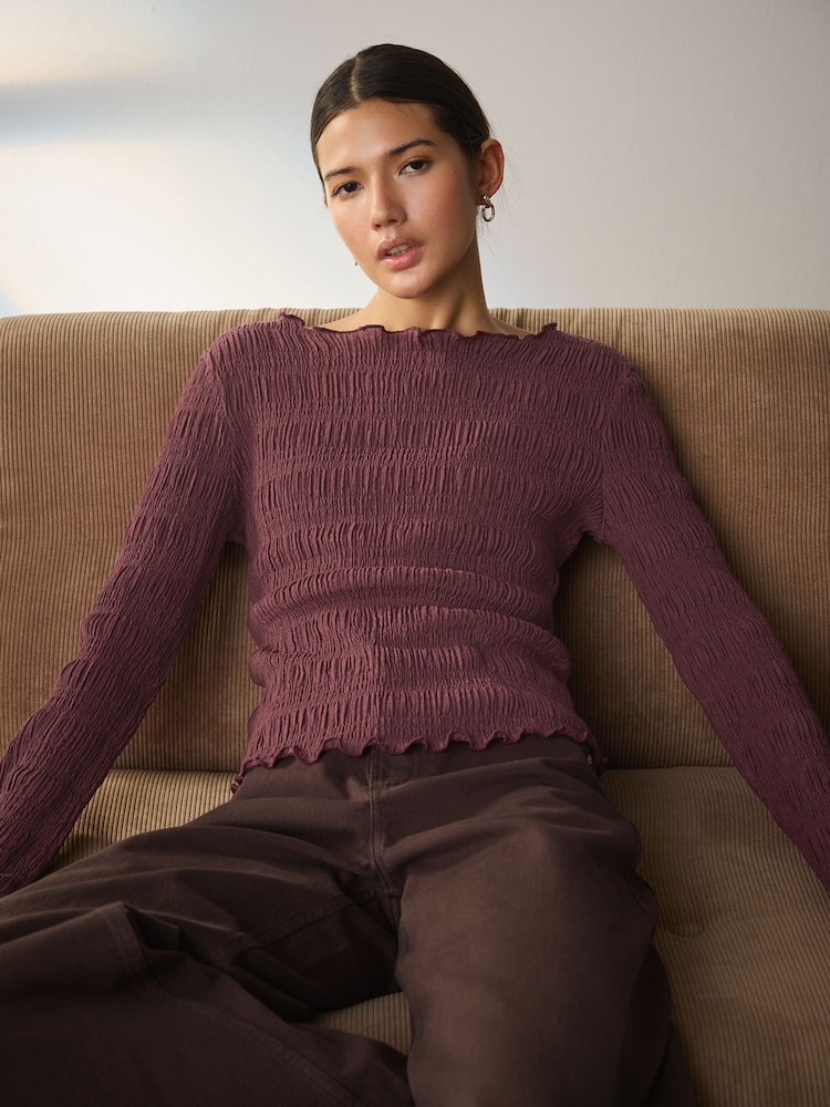 Burgundy Red Shirred Texture Long Sleeve Top - Image 1 of 5