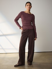 Burgundy Red Shirred Texture Long Sleeve Top - Image 2 of 5
