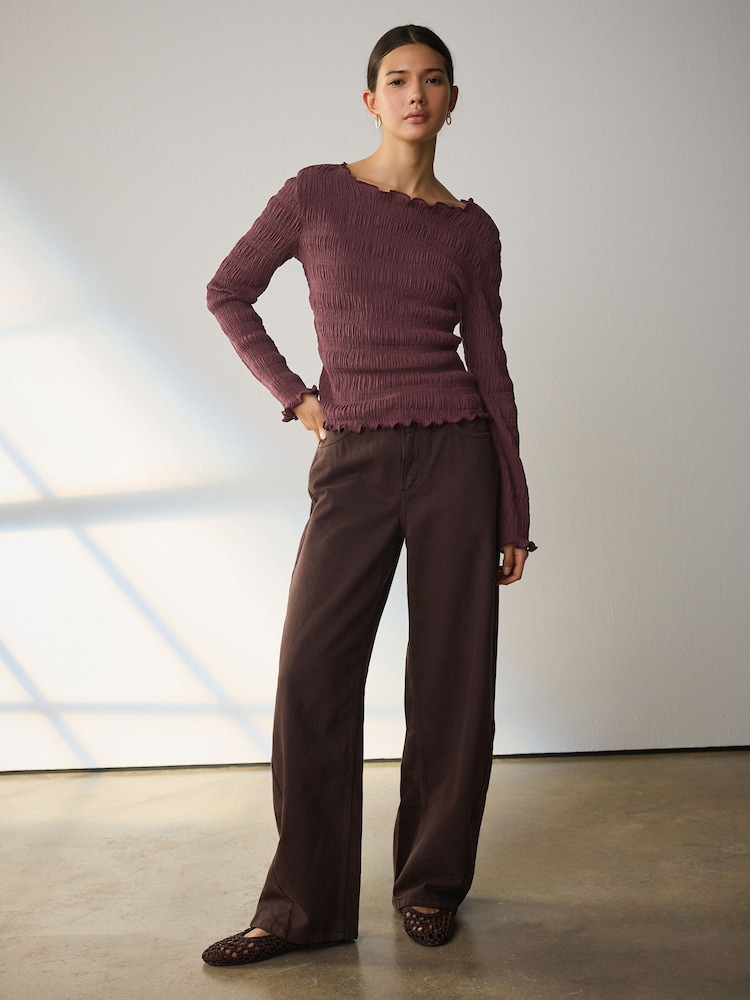 Burgundy Red Shirred Texture Long Sleeve Top - Image 2 of 5