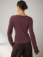Burgundy Red Shirred Texture Long Sleeve Top - Image 3 of 5