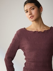 Burgundy Red Shirred Texture Long Sleeve Top - Image 4 of 5