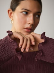 Burgundy Red Shirred Texture Long Sleeve Top - Image 5 of 5