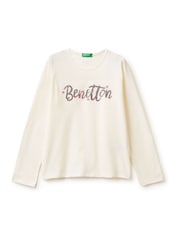 Benetton Cream Sequin Logo Long Sleeve T-Shirt - Image 1 of 3
