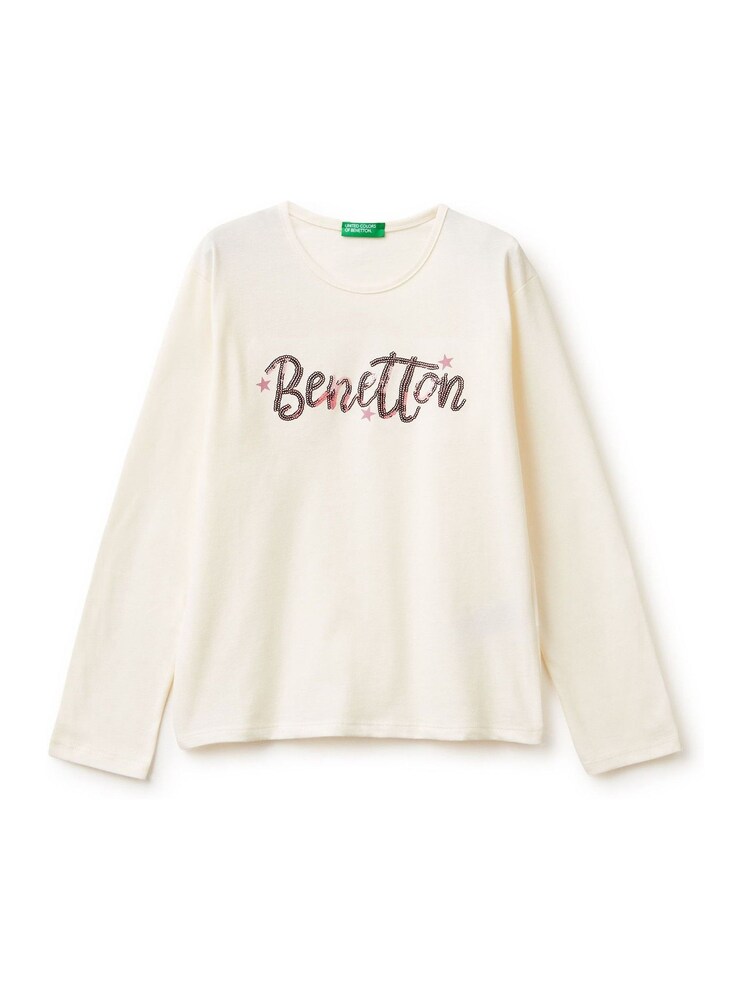 Benetton Cream Sequin Logo Long Sleeve T-Shirt - Image 1 of 3 Benetton Cream Sequin Logo Long Sleeve T-Shirt - Image 1 of 3