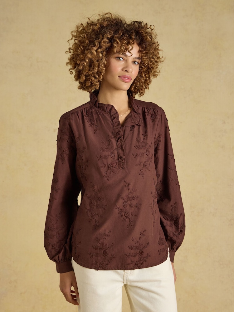 Joules Melanie Brown Embroidered Frill Neck Blouse - Image 1 of 7 Joules Melanie Brown Embroidered Frill Neck Blouse - Image 1 of 7