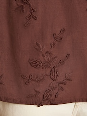 Joules Melanie Brown Embroidered Frill Neck Blouse - Image 2 of 7