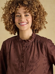 Joules Melanie Brown Embroidered Frill Neck Blouse - Image 3 of 7