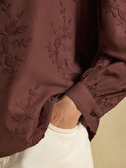 Joules Melanie Brown Embroidered Frill Neck Blouse - Image 4 of 7