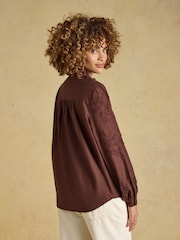 Joules Melanie Brown Embroidered Frill Neck Blouse - Image 6 of 7