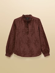 Joules Melanie Brown Embroidered Frill Neck Blouse - Image 7 of 7