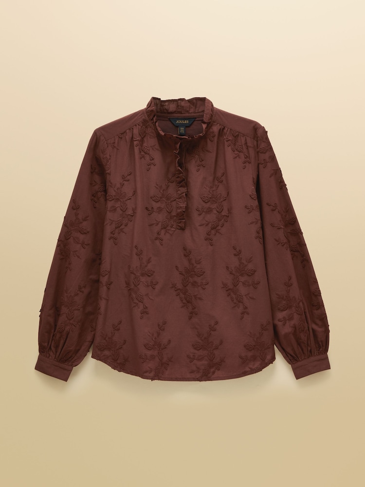 Joules Melanie Brown Embroidered Frill Neck Blouse - Image 7 of 7 Joules Melanie Brown Embroidered Frill Neck Blouse - Image 7 of 7
