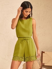 Love & Roses Olive Green Viscose/Linen Crochet Trim Shorts - Image 3 of 4