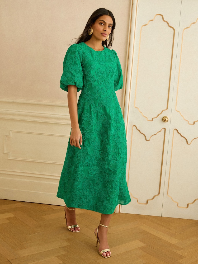 Love & Roses Bright Green Textured Puff Sleeve Crew Neck Midi Dress - Image 1 of 4