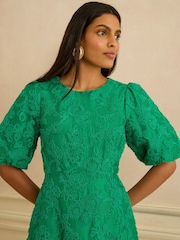 Love & Roses Bright Green Textured Puff Sleeve Crew Neck Midi Dress - Image 2 of 4