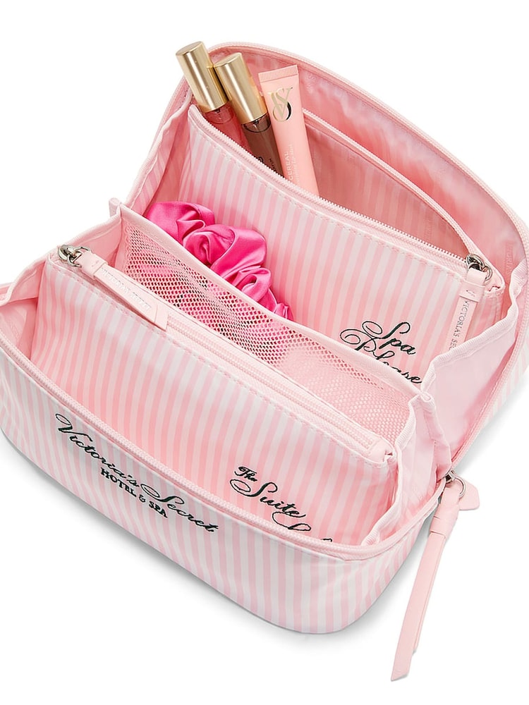 Victoria's Secret Iconic Stripe Pink Embroidered Expandable Travel Make-Up Bags 3 Piece - Image 3 of 3