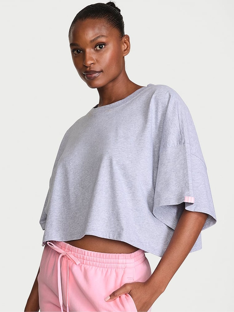 Victoria's Secret Medium Heather Grey Logo Cotton Oversized Cropped Top - Image 1 of 2 Victoria's Secret Medium Heather Grey Logo Cotton Oversized Cropped Top - Image 1 of 2