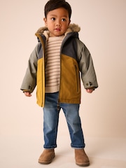 Ochre and Khaki Colour Block Fur Hood Waterproof Coat (3mths-7yrs) - Image 1 of 4