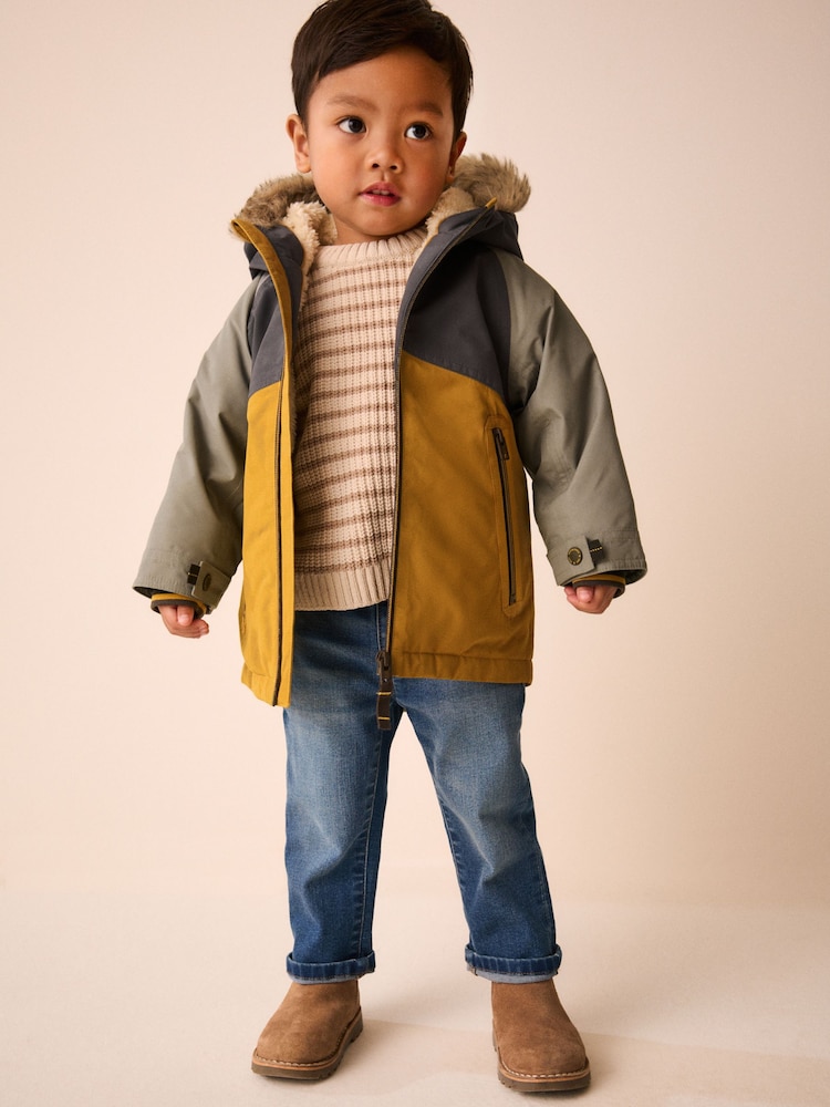 Ochre and Khaki Colour Block Fur Hood Waterproof Coat (3mths-7yrs) - Image 1 of 4