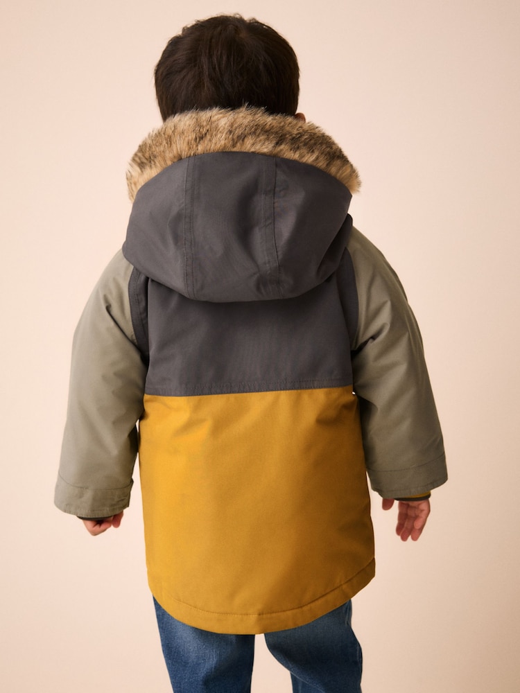 Ochre and Khaki Colour Block Fur Hood Waterproof Coat (3mths-7yrs) - Image 2 of 4