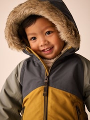 Ochre and Khaki Colour Block Fur Hood Waterproof Coat (3mths-7yrs) - Image 3 of 4