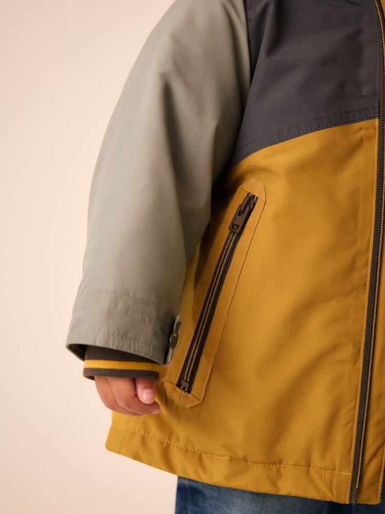 Ochre and Khaki Colour Block Fur Hood Waterproof Coat (3mths-7yrs) - Image 4 of 4