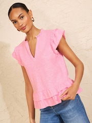 Love & Roses Pink Broderie Flutter Sleeve Peplum Jersey Top - Image 1 of 4
