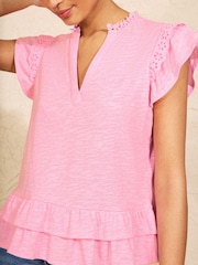 Love & Roses Pink Broderie Flutter Sleeve Peplum Jersey Top - Image 2 of 4