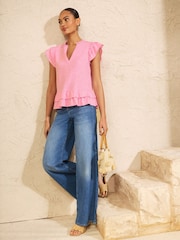 Love & Roses Pink Broderie Flutter Sleeve Peplum Jersey Top - Image 3 of 4