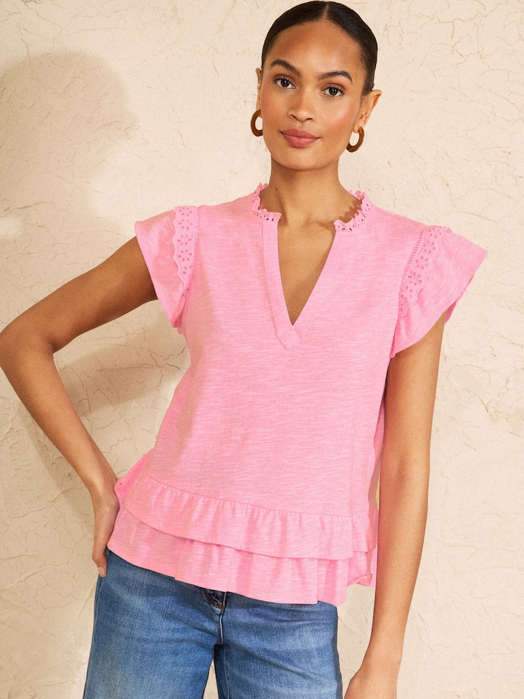 Love & Roses Pink Broderie Flutter Sleeve Peplum Jersey Top - Image 4 of 4