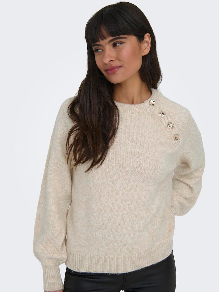 ONLY Grey Button Detail Round Neck Knitted Jumper - Image 1 of 6