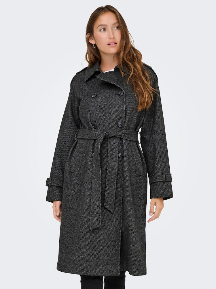 ONLY Grey Herringbone Winter Trench Coat - Image 1 of 6 ONLY Grey Herringbone Winter Trench Coat - Image 1 of 6