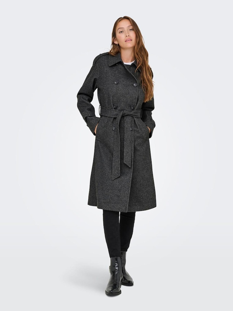 ONLY Grey Herringbone Winter Trench Coat - Image 2 of 6 ONLY Grey Herringbone Winter Trench Coat - Image 2 of 6