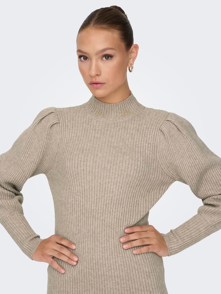 ONLY Brown High Neck Puff Sleeve Knitted Mini Dress - Image 1 of 6